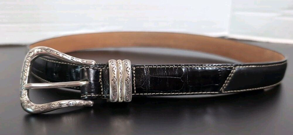 BRIGHTON BLACK REPTILE BELT B30023 SILVER TONE BUCKLE Size Med/Large 32 USA EUC
